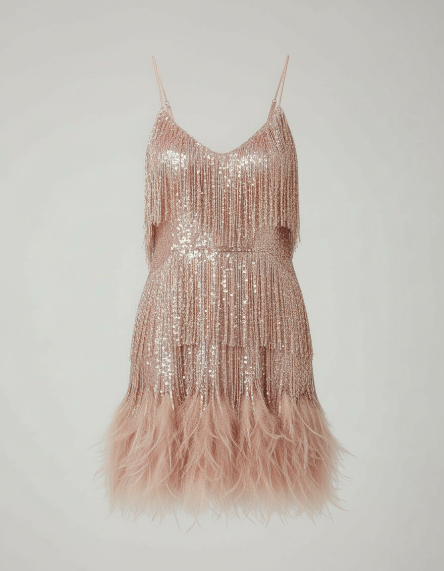 Jurk met kwastjes - Mini - Spaghettibandjes - Jurk met pailletten - Feestjurk-Boutique Moda