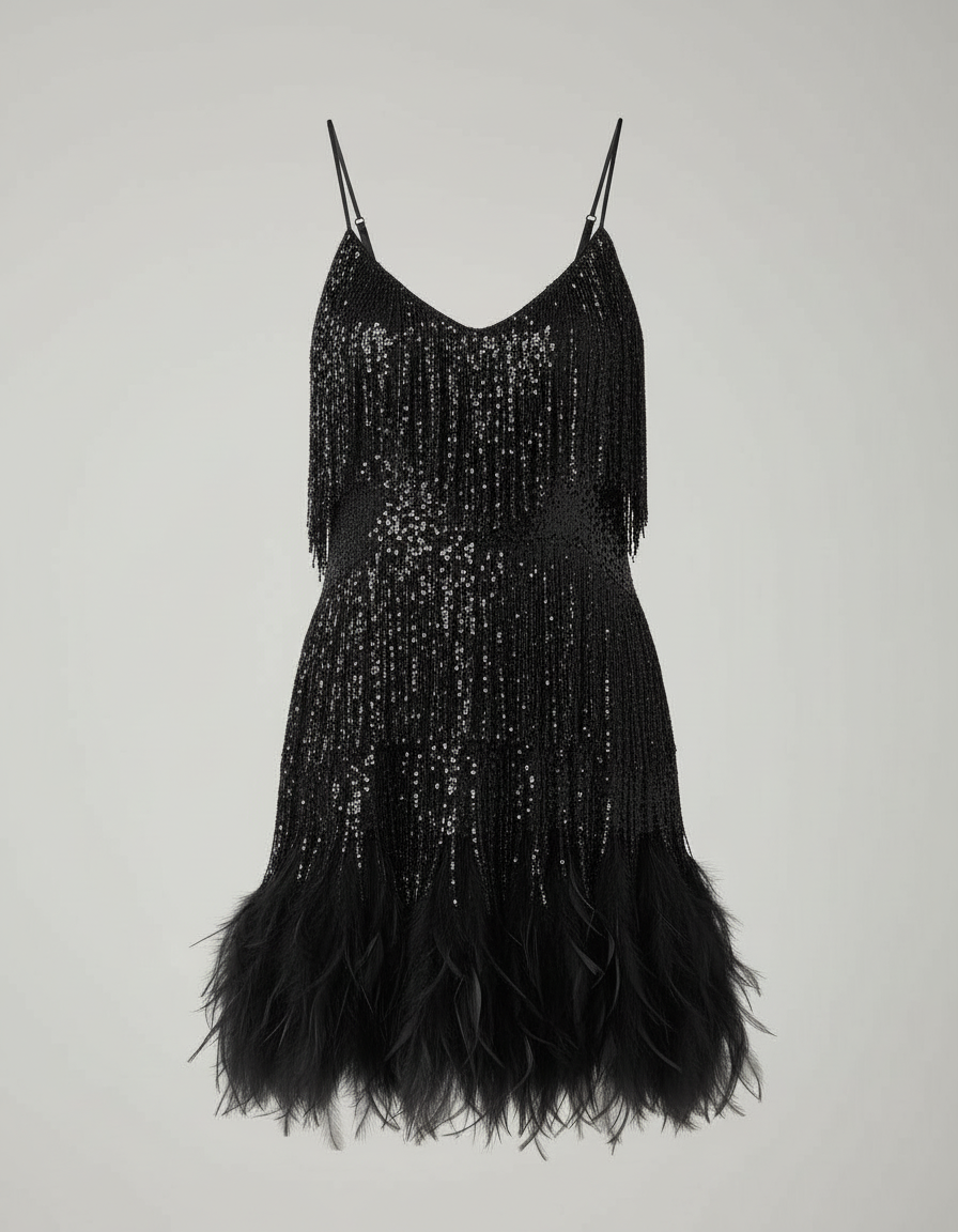 Jurk met kwastjes - Mini - Spaghettibandjes - Jurk met pailletten - Feestjurk-Boutique Moda