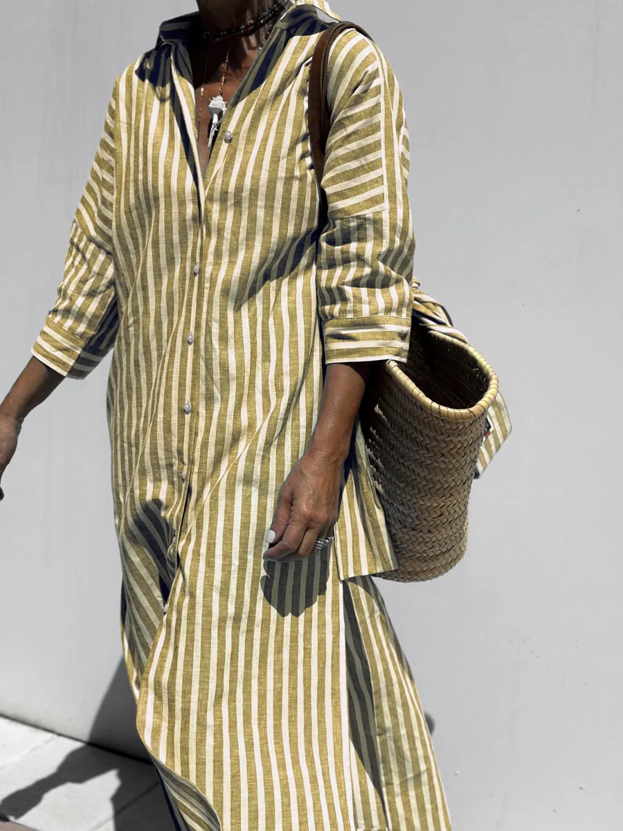 Jurk met overhemd | Button-Up | Lange Mouwen | Midi Jurk | Gestreepte Jurk-Boutique Moda