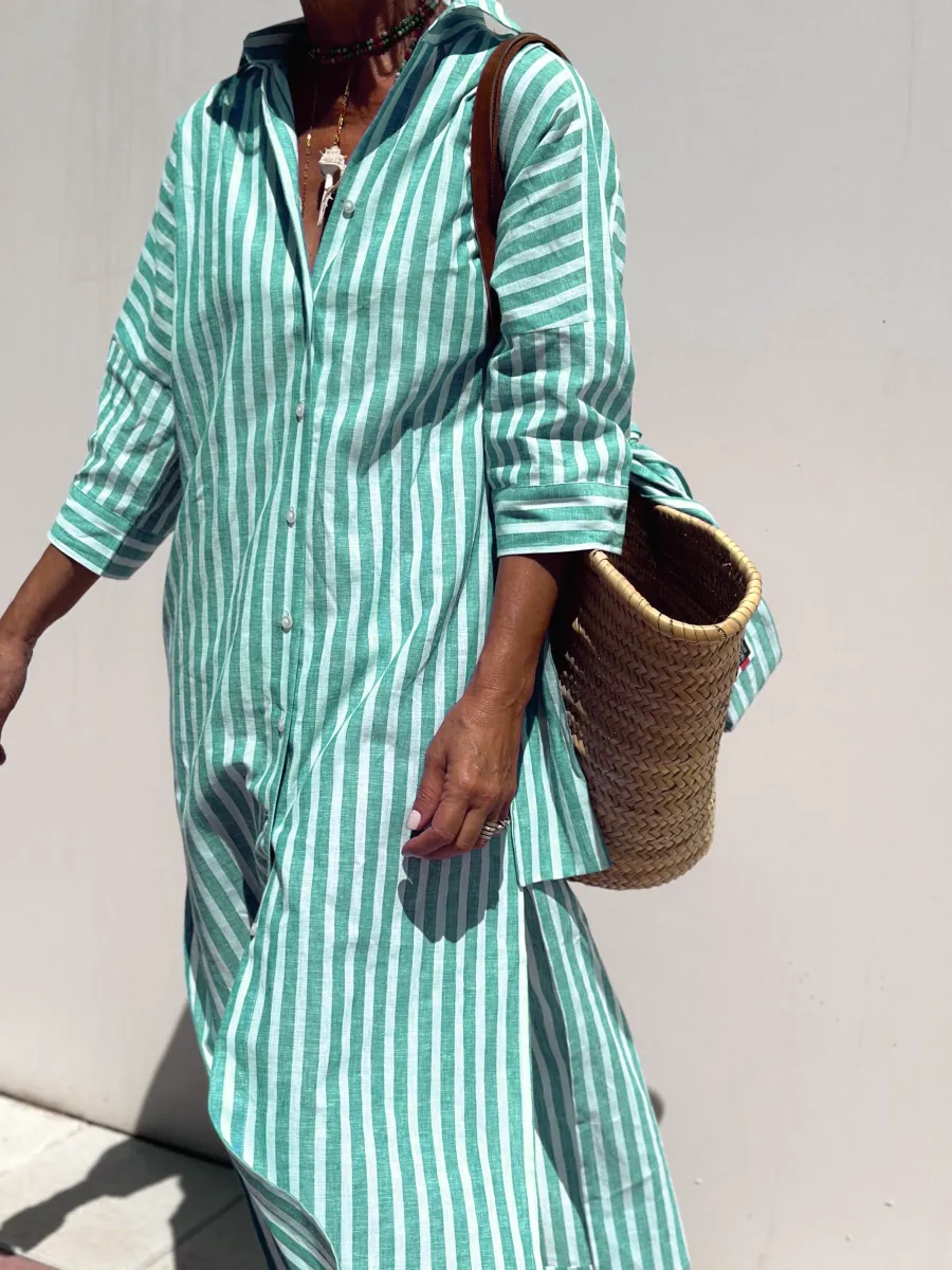 Jurk met overhemd | Button-Up | Lange Mouwen | Midi Jurk | Gestreepte Jurk-Boutique Moda