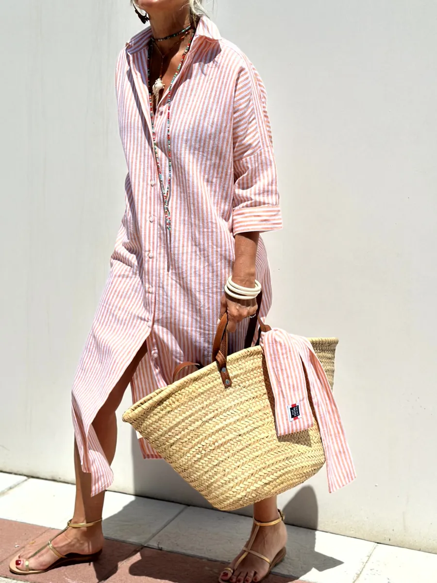 Jurk met overhemd | Button-Up | Lange Mouwen | Midi Jurk | Gestreepte Jurk-Boutique Moda