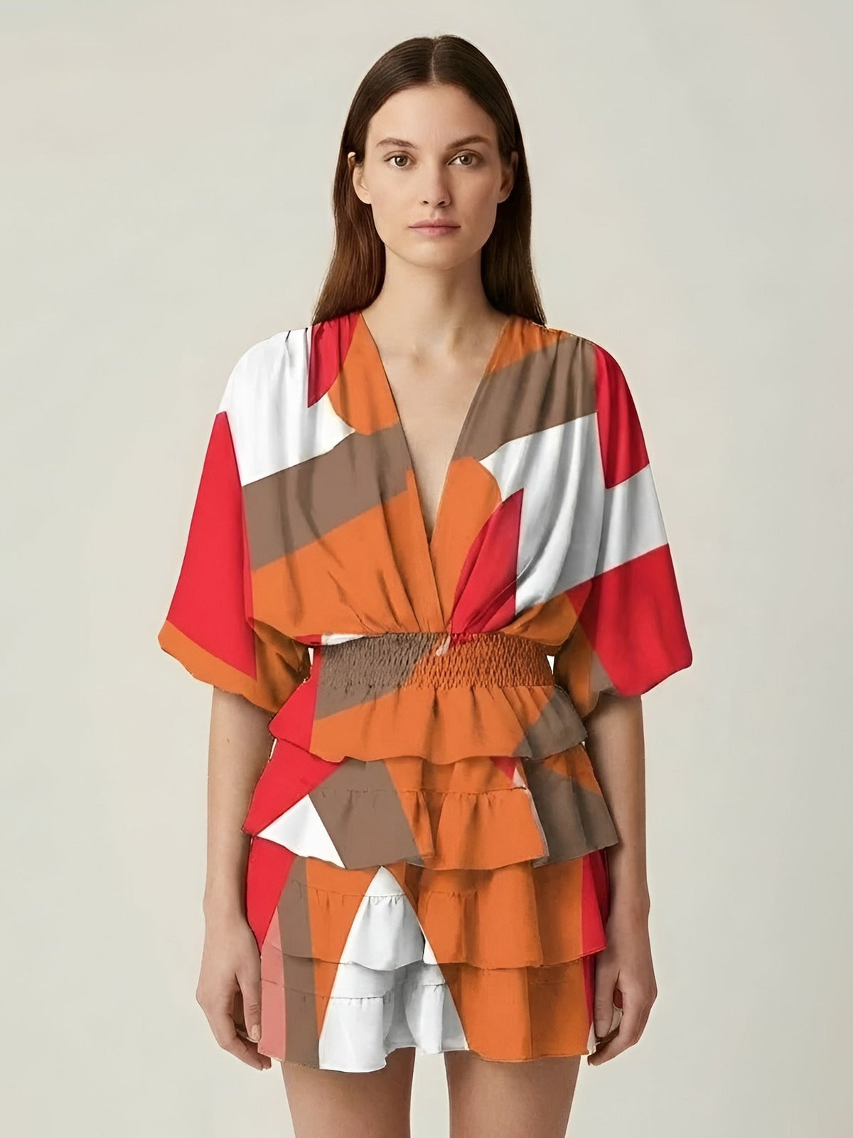 Witte minijurk met grafische print - ruchesjurk met V-hals