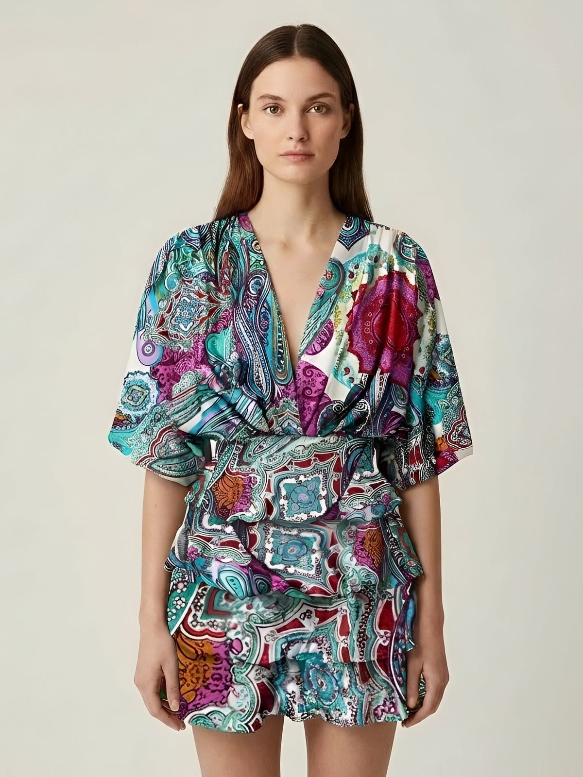 Blauwe minijurk met paisleyprint - ruchesjurk met V-hals