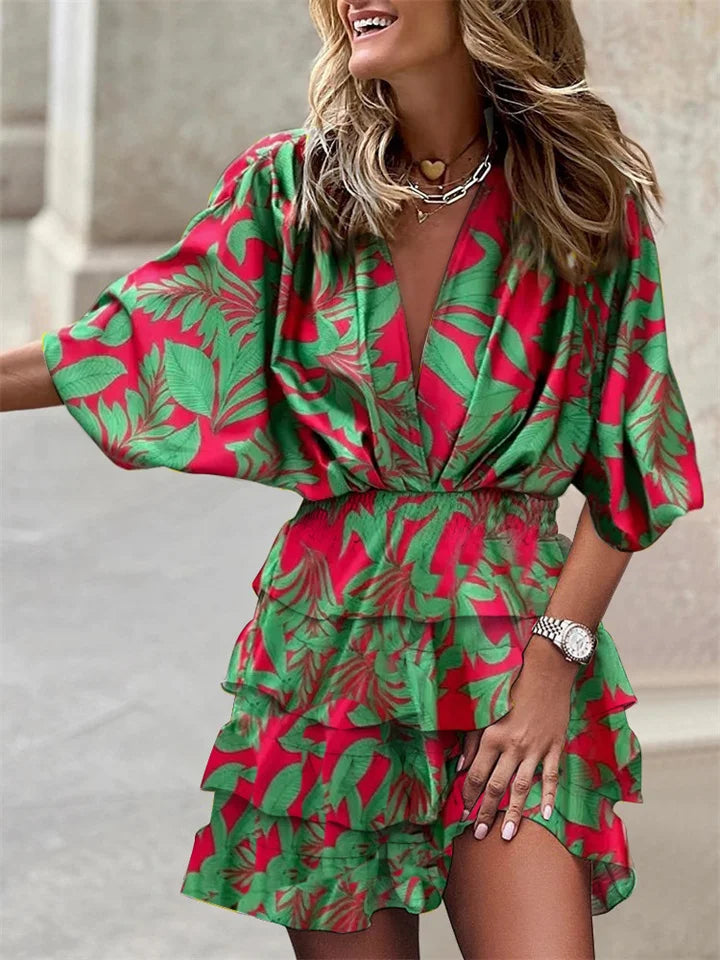 Jurk met ruches - V-hals - Korte mouwen - Minijurk - Zomerjurk-Boutique Moda