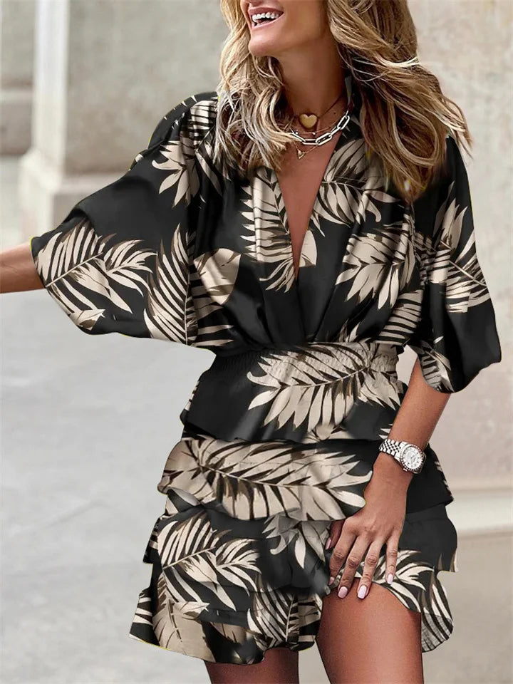 Jurk met ruches - V-hals - Korte mouwen - Minijurk - Zomerjurk-Boutique Moda