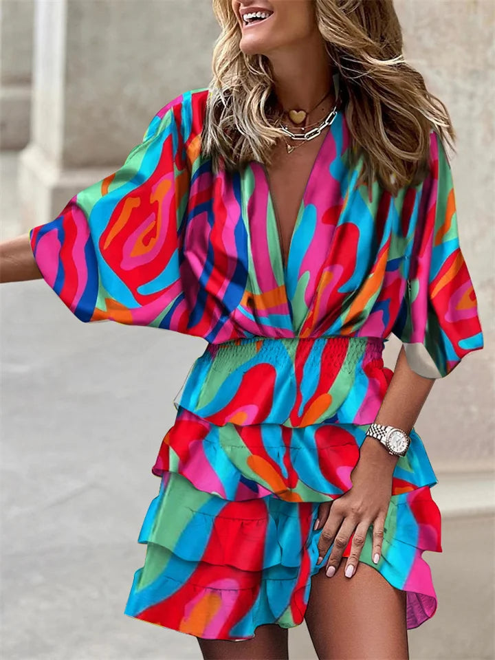 Jurk met ruches - V-hals - Korte mouwen - Minijurk - Zomerjurk-Boutique Moda