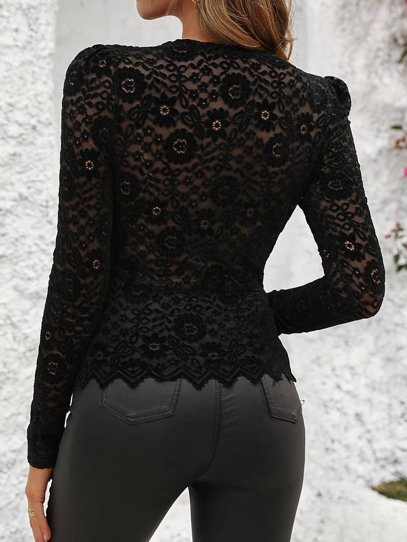 Kanten Blouse | Doorschijnend | V-hals | Lange mouwen kanten top | Dameskleding-Boutique Moda
