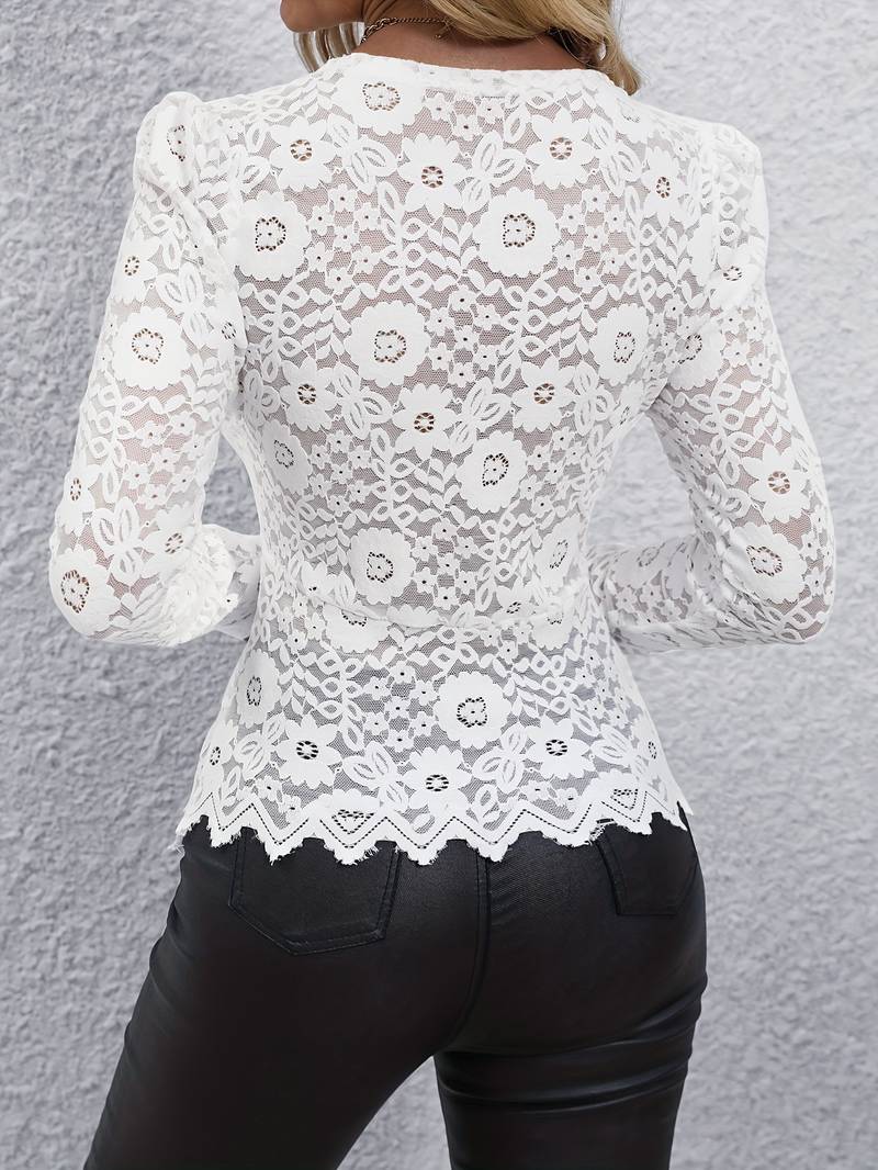 Kanten Blouse | Doorschijnend | V-hals | Lange mouwen kanten top | Dameskleding-Boutique Moda