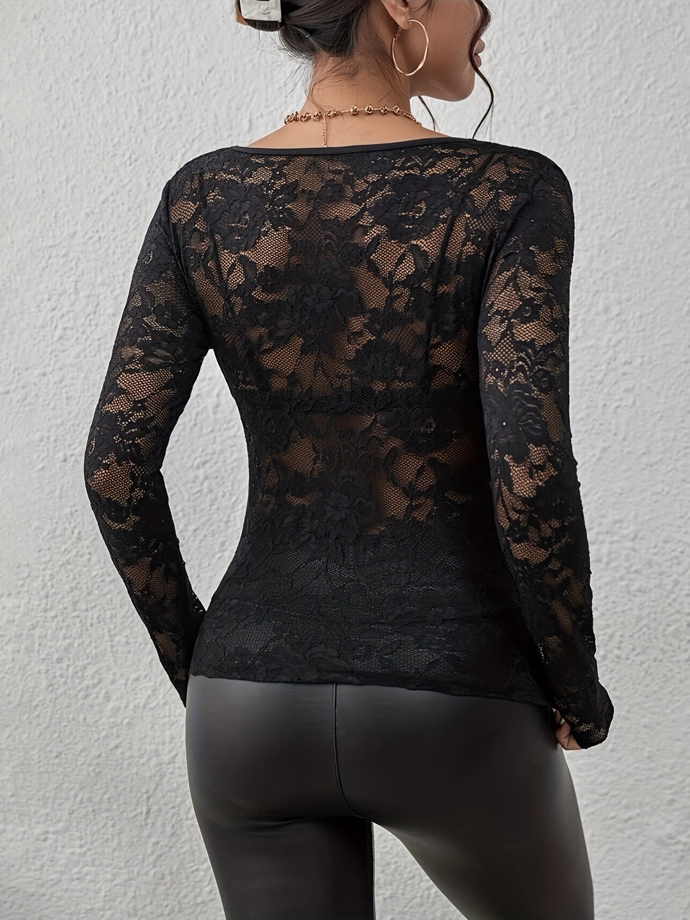 Kanten Blouse | V-Hals | Doorschijnend | Kanten Top | Kanten Top Met Lange Mouwen-Boutique Moda