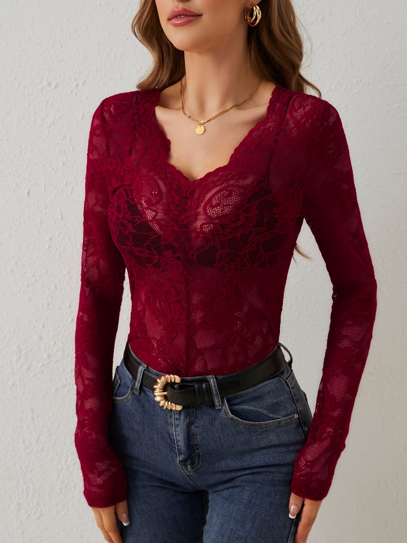Kanten Blouse | V-Hals | Doorschijnend | Kanten Top | Kanten Top Met Lange Mouwen-Boutique Moda