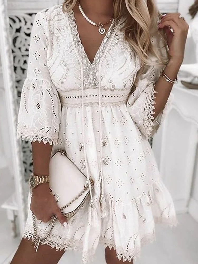 Kanten Jurk | Boho | Wijde Mouw | Mini-jurk | Zomerjurk-Boutique Moda