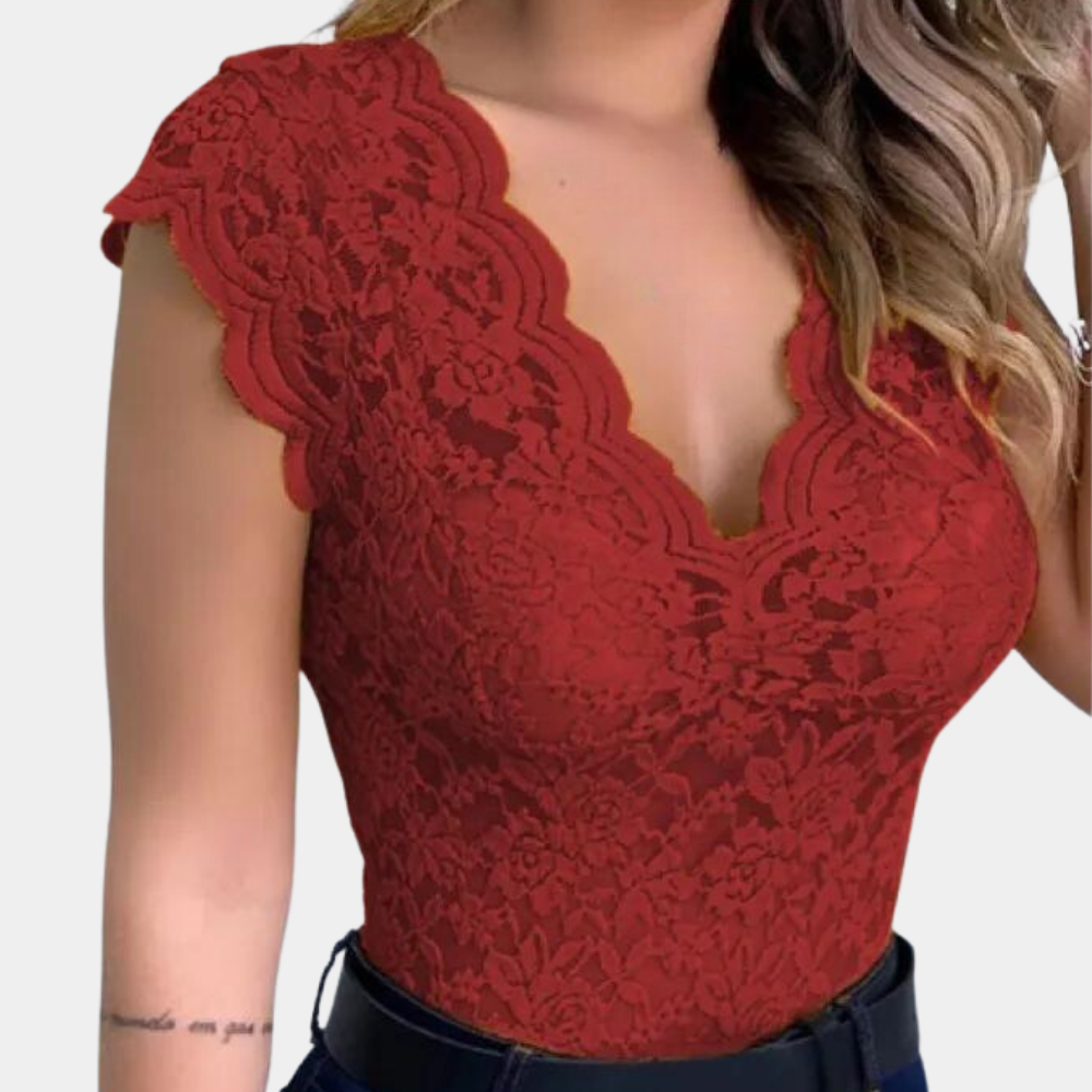 Kanten top | Slim fit | V-hals | Mouwloze kanten top | Dameskleding-Boutique Moda