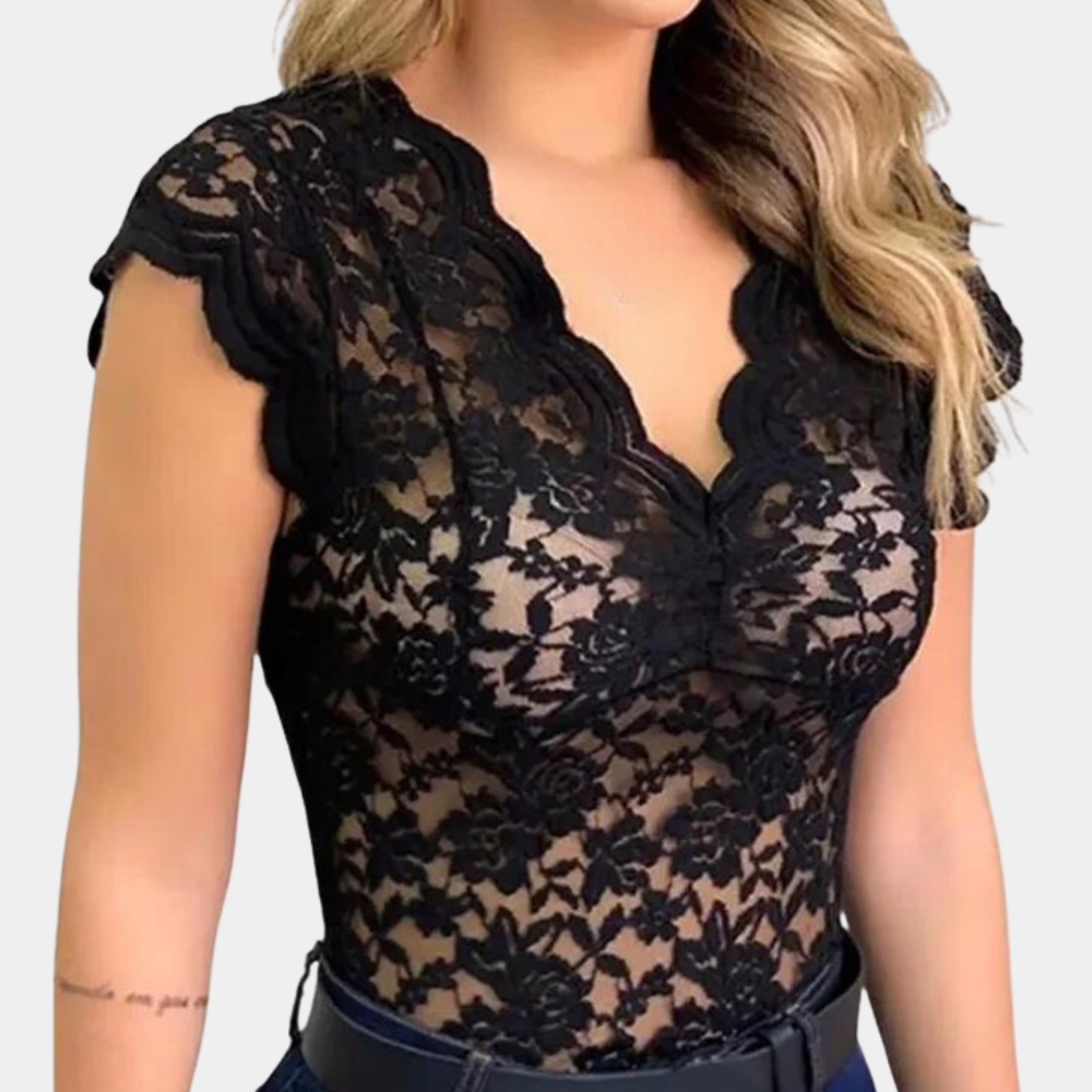 Kanten top | Slim fit | V-hals | Mouwloze kanten top | Dameskleding-Boutique Moda