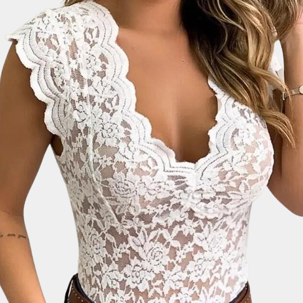 Kanten top | Slim fit | V-hals | Mouwloze kanten top | Dameskleding-Boutique Moda