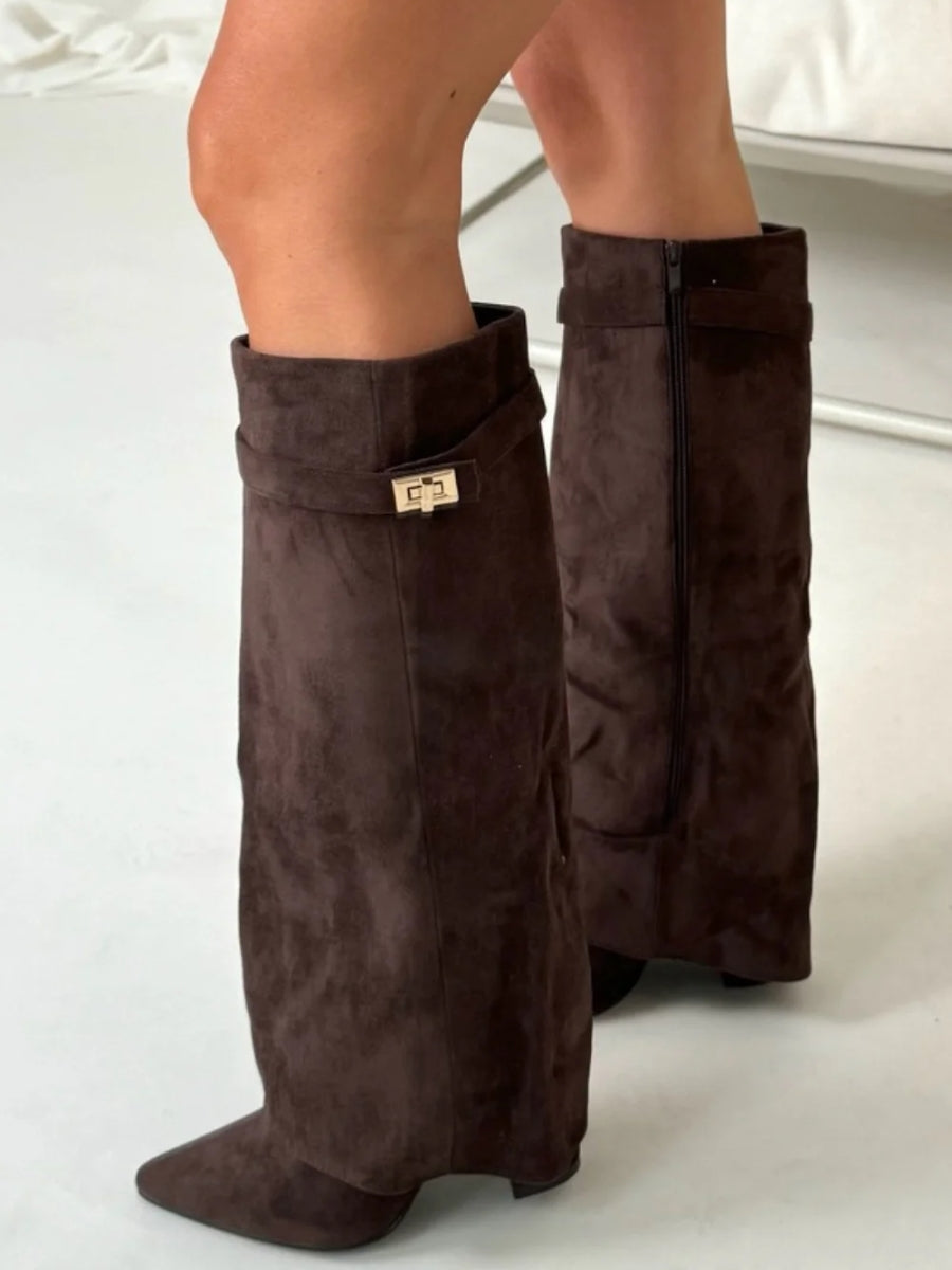 Kniehoge laarzen - Suède laarzen met spitse neus en hak voor dames-Boutique Moda