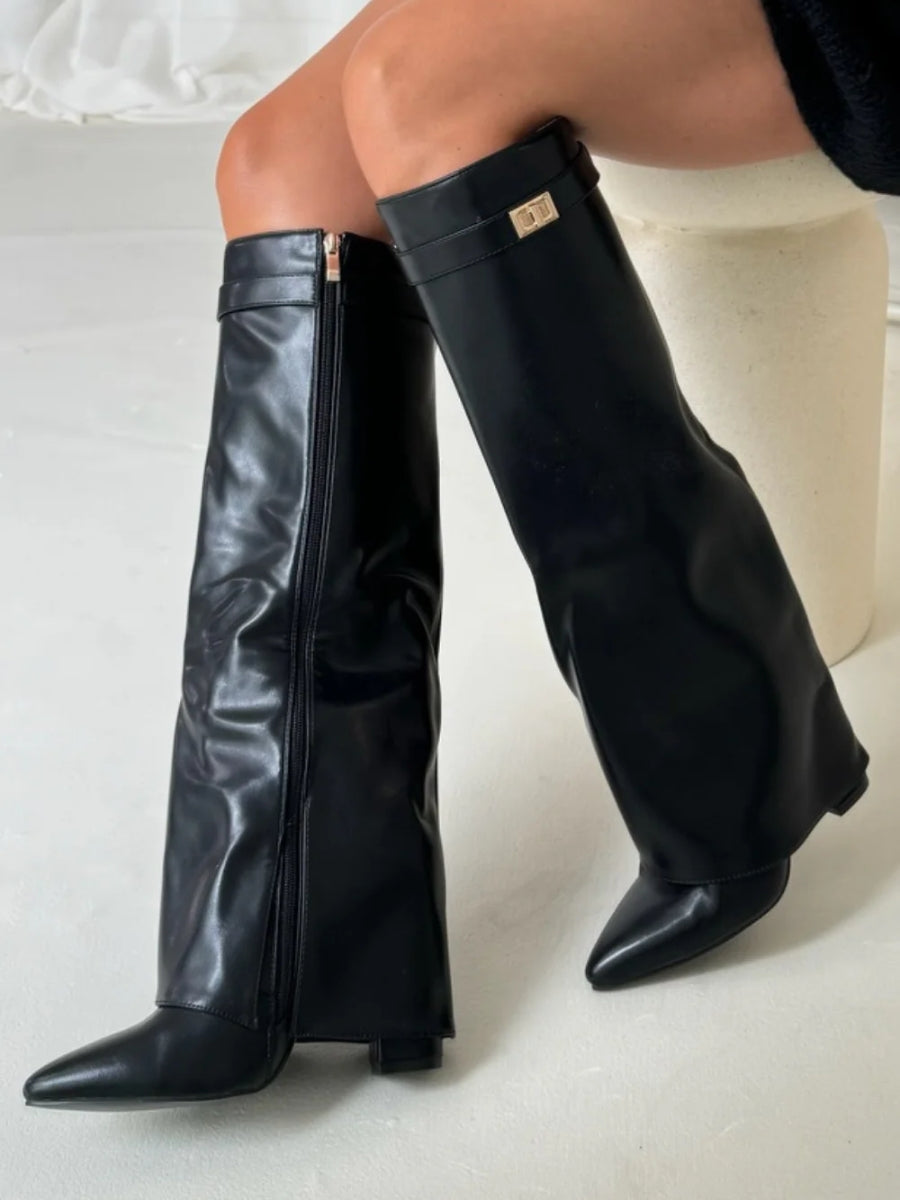 Kniehoge laarzen - Suède laarzen met spitse neus en hak voor dames-Boutique Moda
