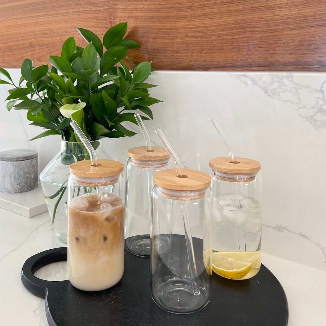 Koffieglazen Set | Bamboe Deksel Glazen Rietje | 4 Stuks-Boutique Moda