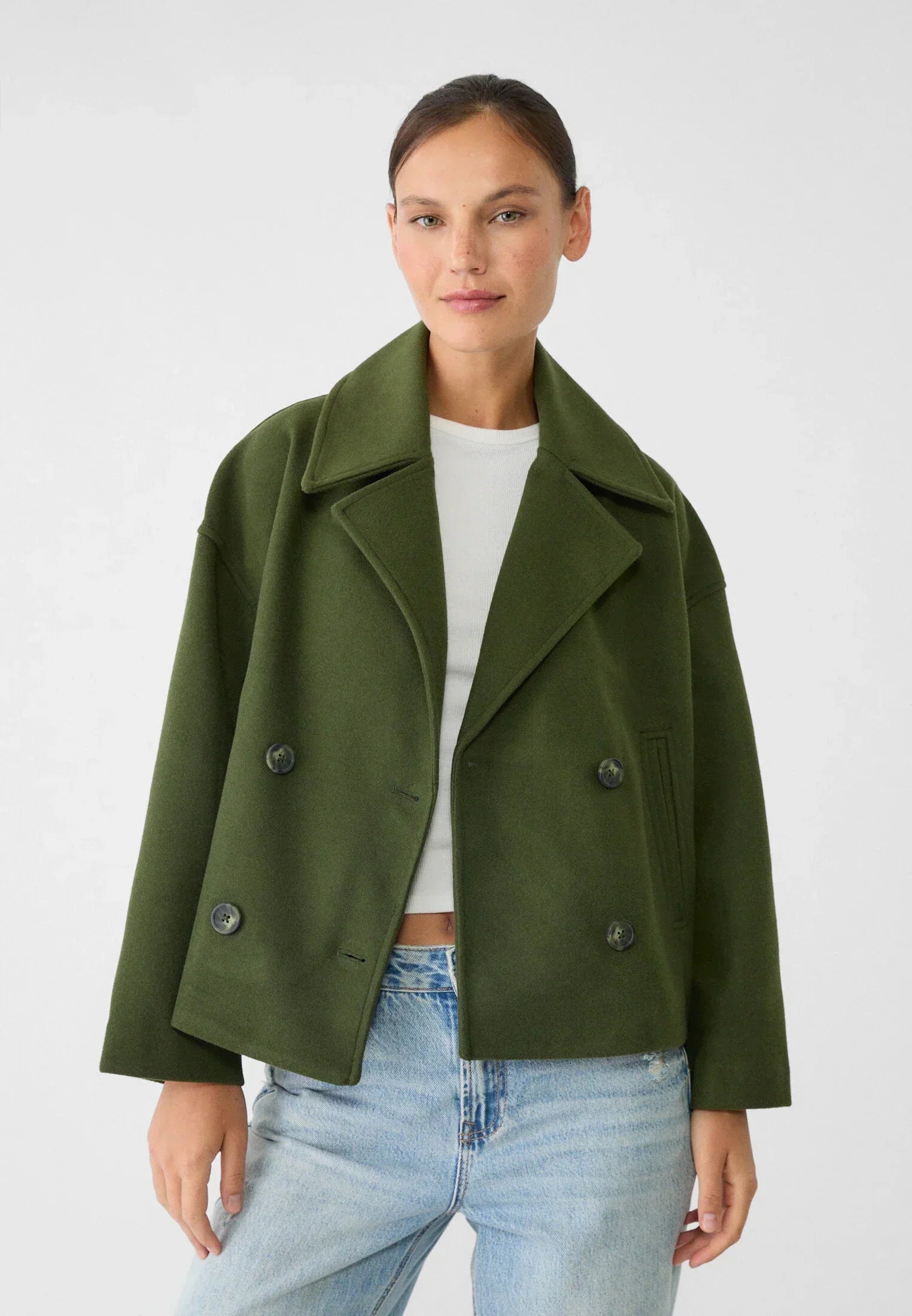 Korte trenchcoat - Dames loose fit korte trenchcoat met twee rijen knopen-Boutique Moda