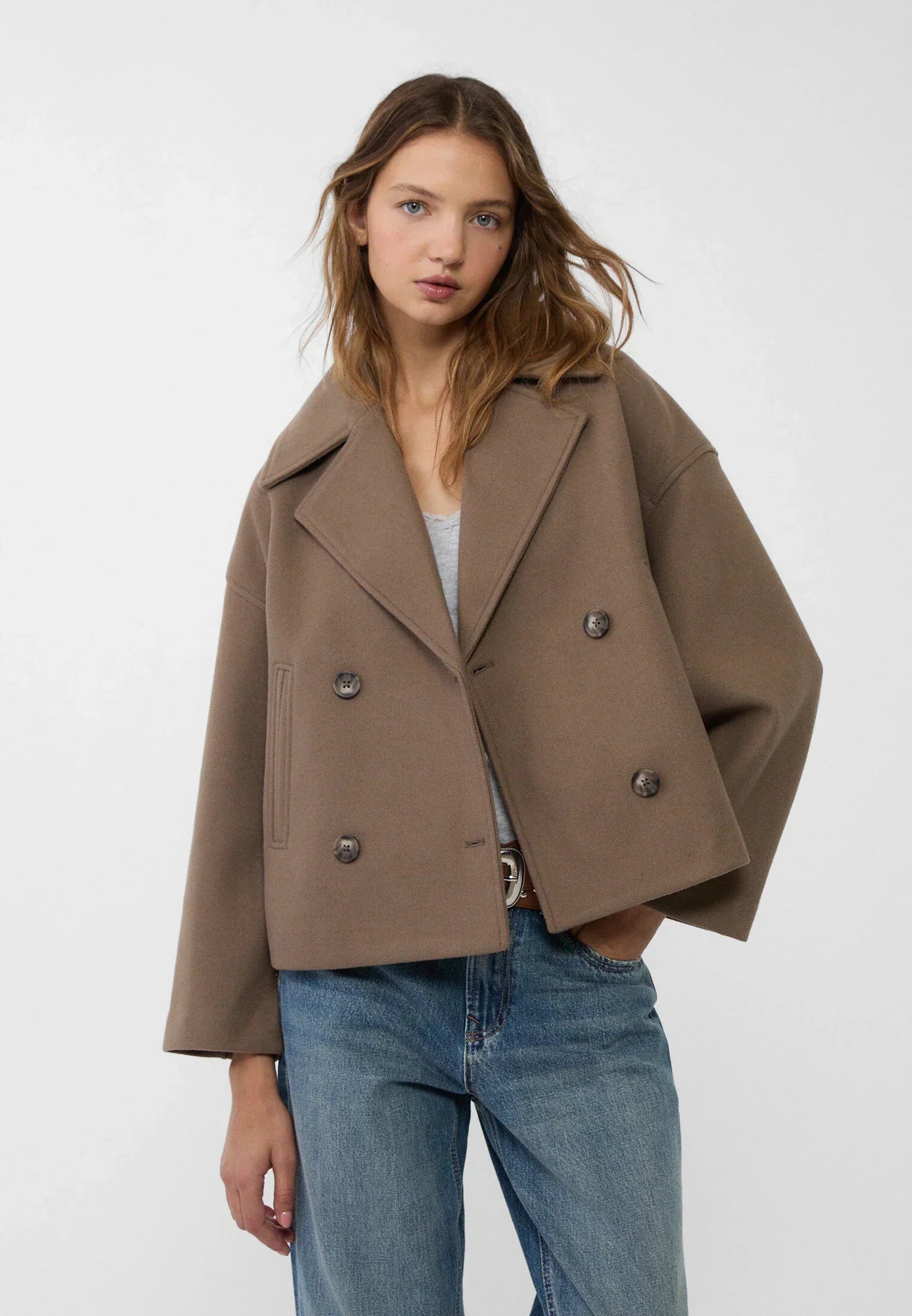 Korte trenchcoat - Dames loose fit korte trenchcoat met twee rijen knopen-Boutique Moda