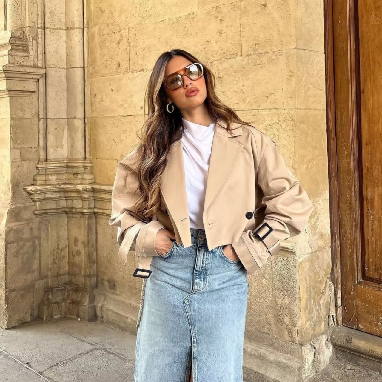 Korte trenchcoat | Riem | Double-breasted | Kort jasje | Dames trenchcoat-Boutique Moda