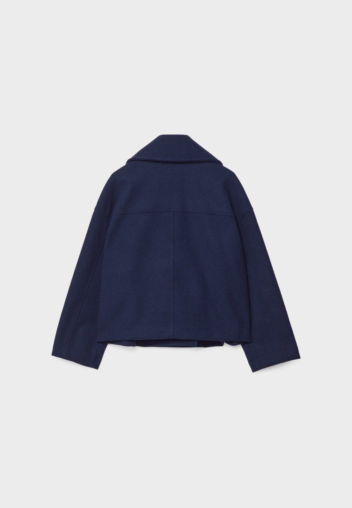 Marineblauwe korte oversized wollen jas, achteraanzicht, plat gefotografeerd | Boutique Moda