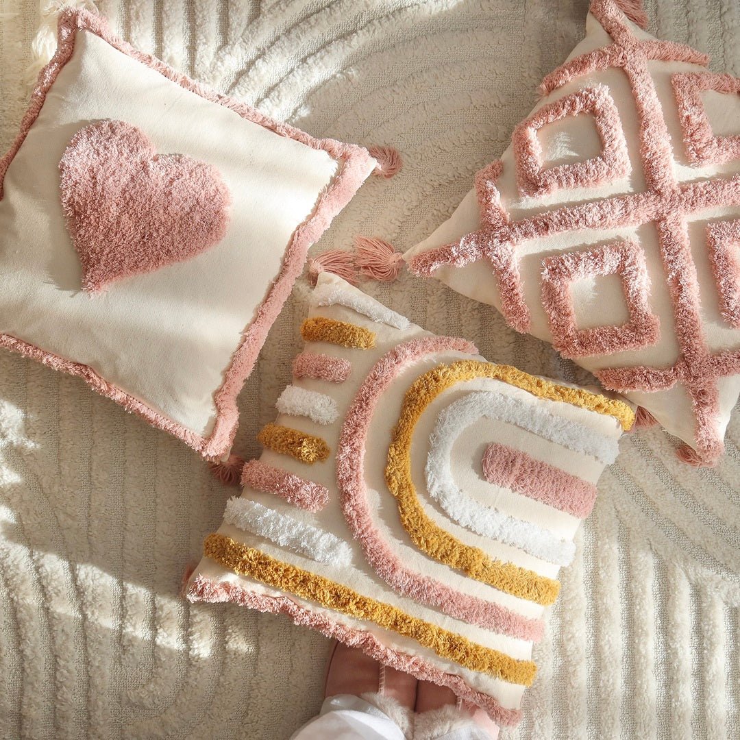 Kussenhoes | Getuft met Kwastjes | Boho Roze Oker-Boutique Moda