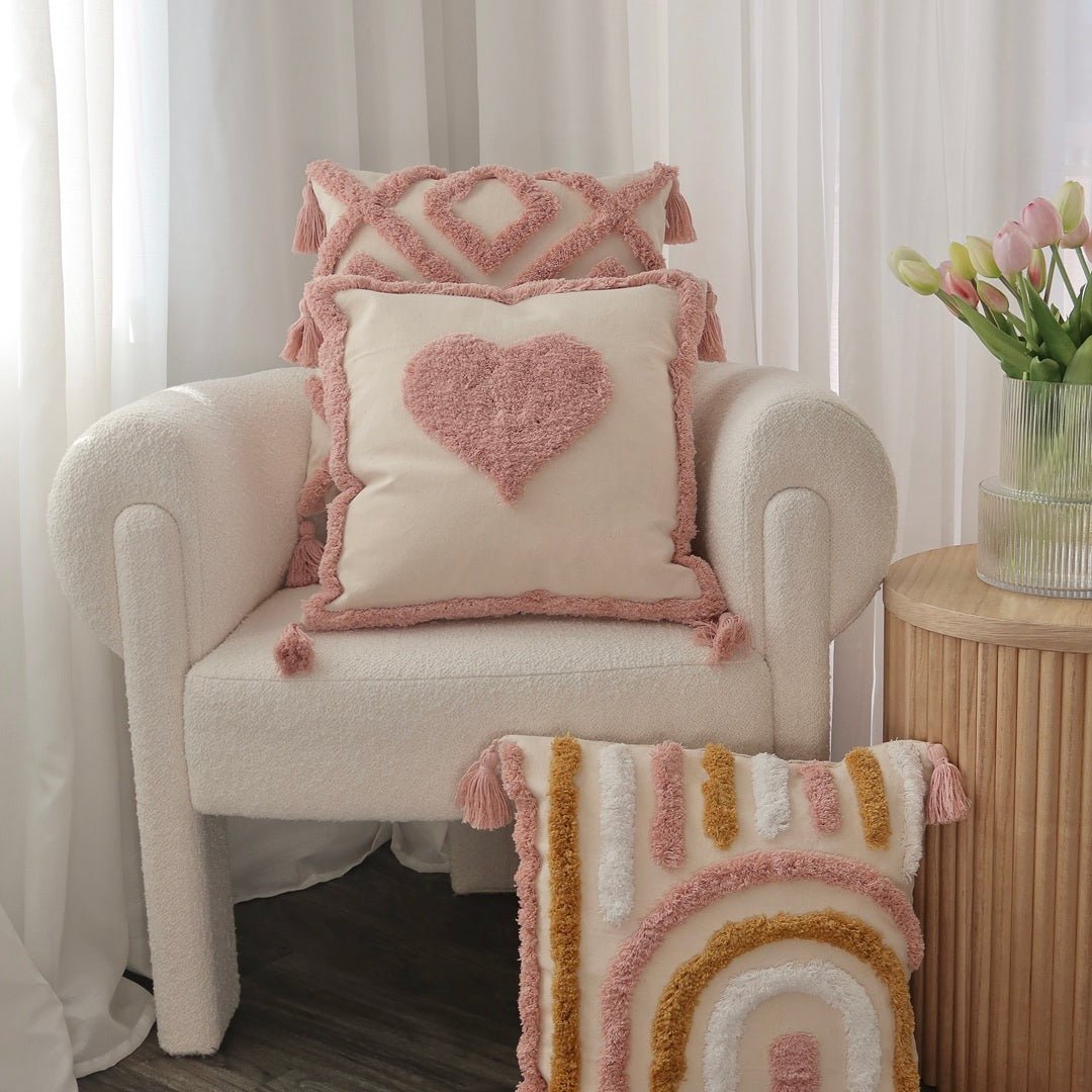 Kussenhoes | Getuft met Kwastjes | Boho Roze Oker-Boutique Moda