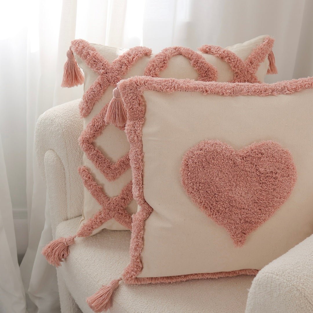 Kussenhoes | Getuft met Kwastjes | Boho Roze Oker-Boutique Moda