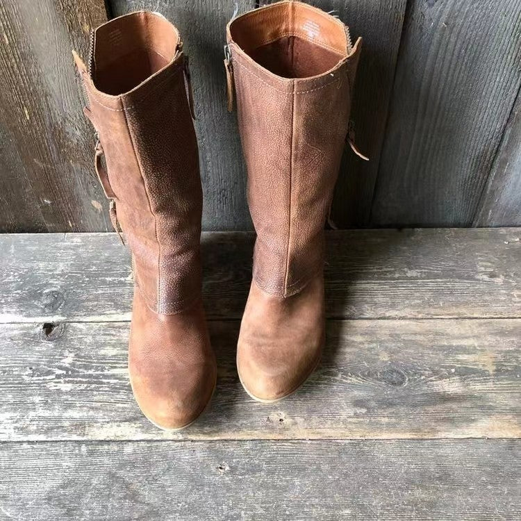 Laarzen met hakken | Bruine leren laarzen met rits tot halverwege de kuit voor dames