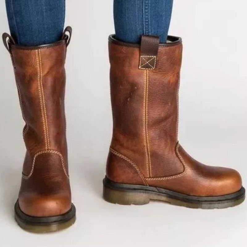 Laarzen van leer - Bruine, met bont gevoerde winterschoenen voor dames-Boutique Moda