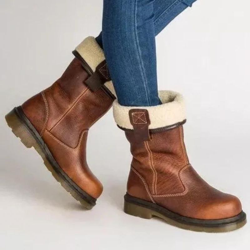 Laarzen van leer - Bruine, met bont gevoerde winterschoenen voor dames-Boutique Moda