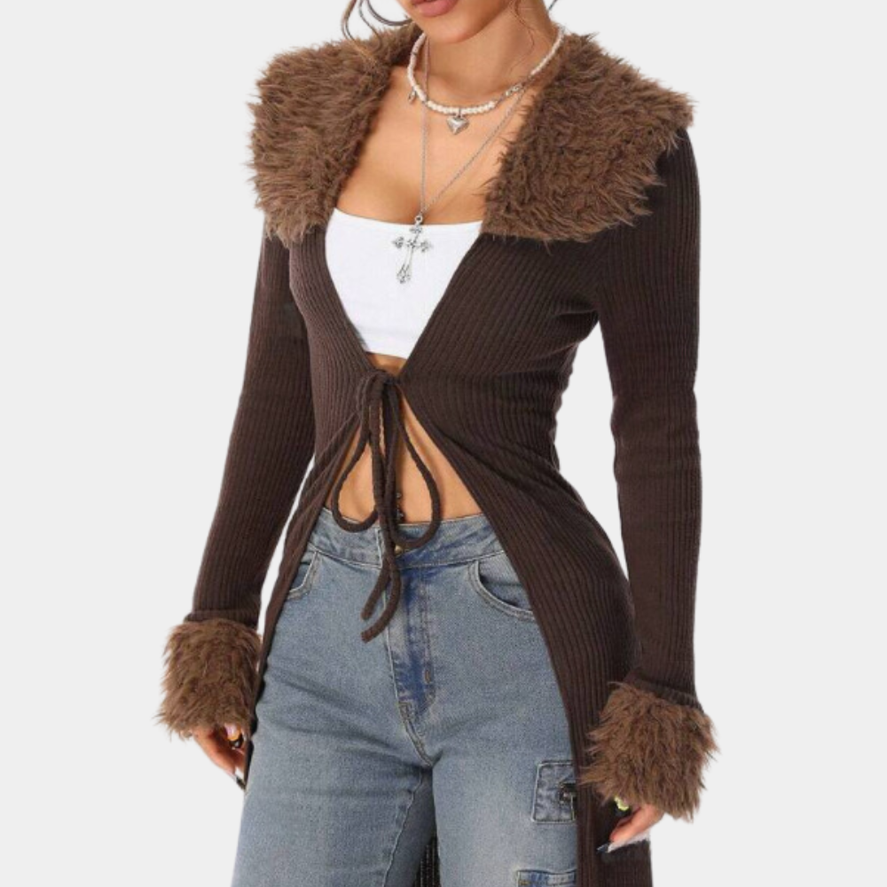 Lang vest | Ribgebreid | Bruin | Gebreid vest | Damesvest-Boutique Moda
