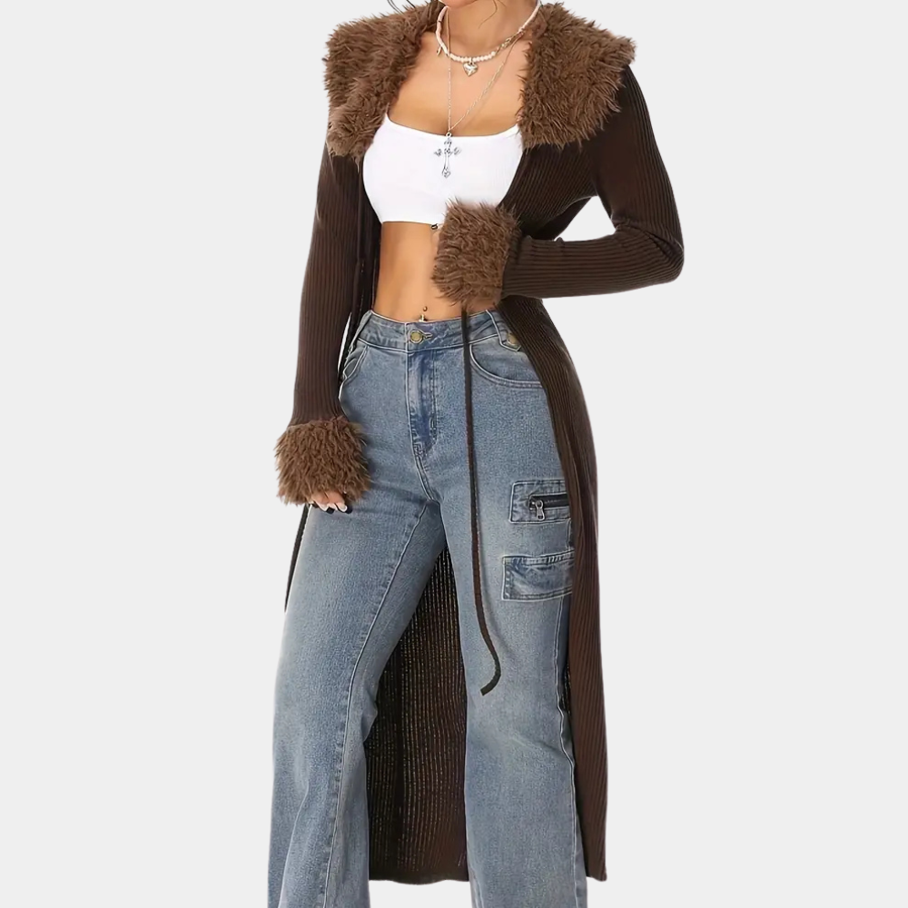 Lang vest | Ribgebreid | Bruin | Gebreid vest | Damesvest-Boutique Moda