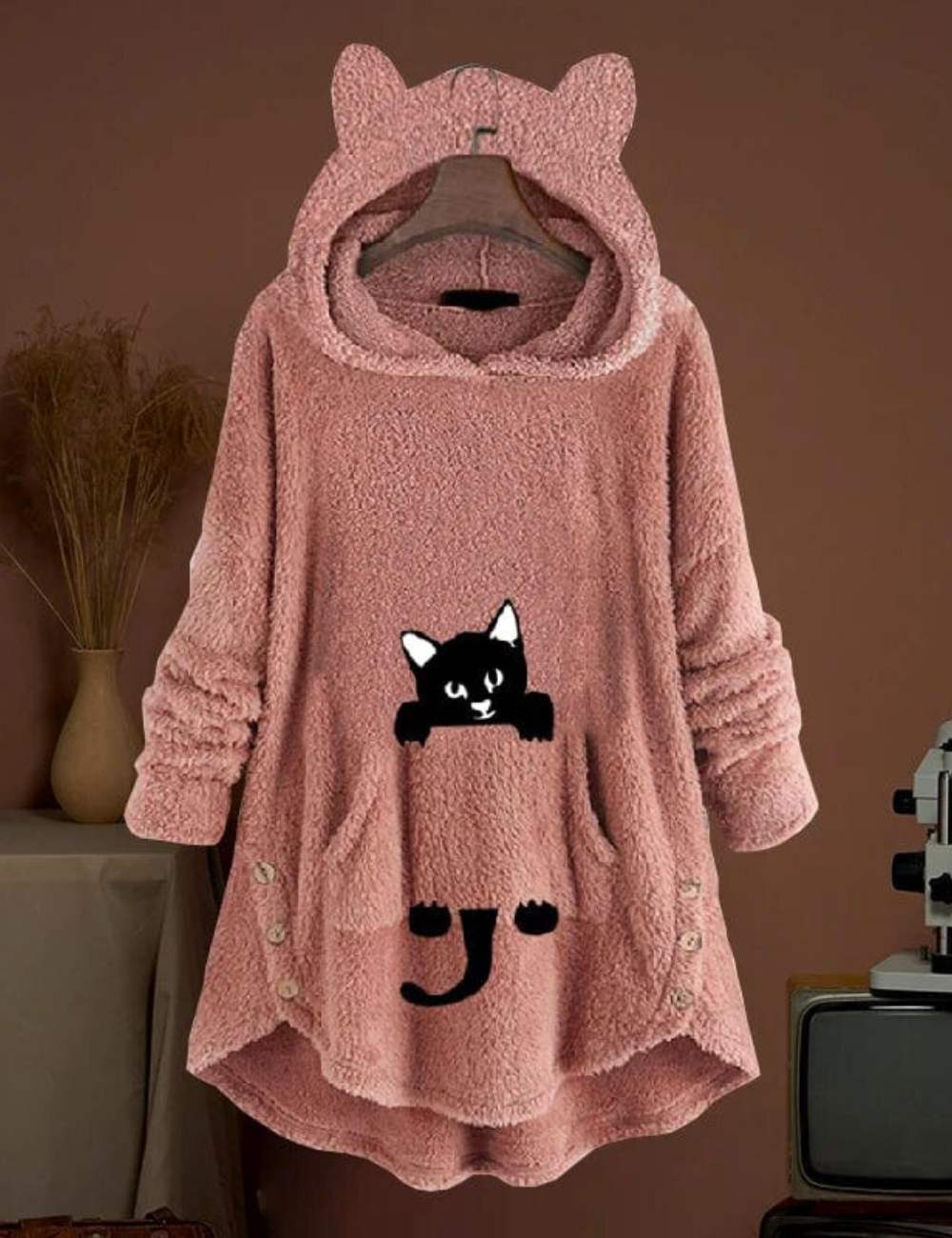 Lange hoodie | Kattenoren | Kattenprint | Fleece hoodie | Hoodiejurk voor dames-Boutique Moda