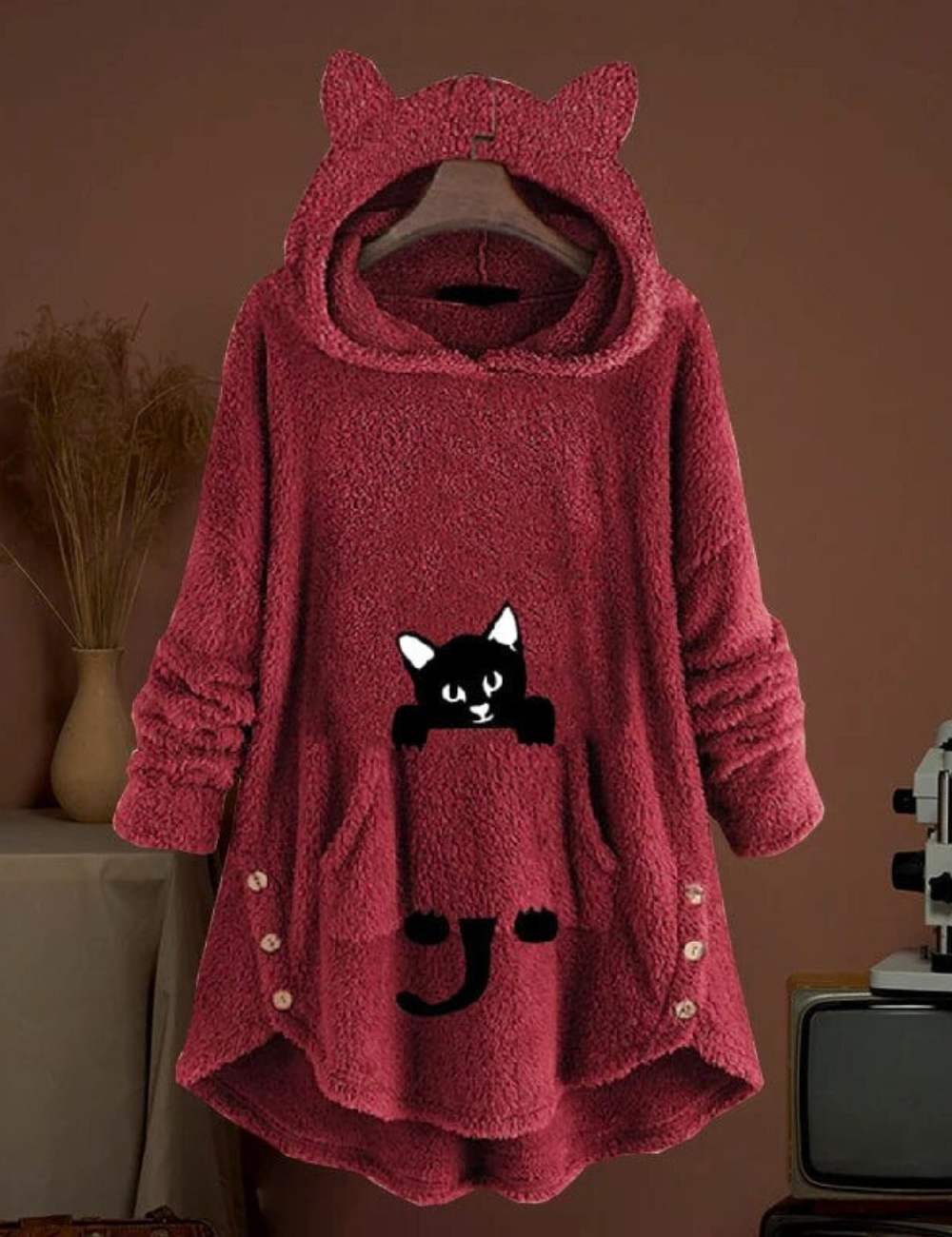 Lange hoodie | Kattenoren | Kattenprint | Fleece hoodie | Hoodiejurk voor dames-Boutique Moda
