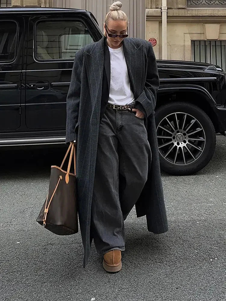 Lange jas - Gestreepte oversized blazerjas voor dames-Boutique Moda