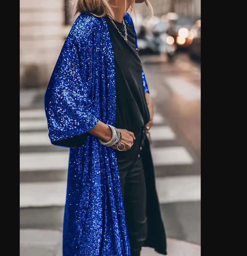 Lange kimono met lovertjes - Open voorkant - Lange mouwen - Glitter kimono - Glitter vest-Boutique Moda