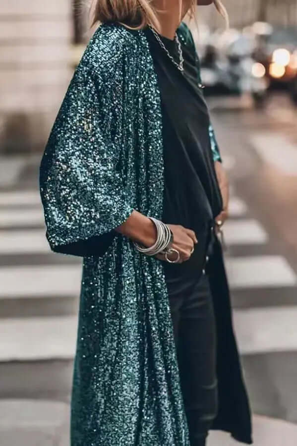 Lange kimono met lovertjes - Open voorkant - Lange mouwen - Glitter kimono - Glitter vest-Boutique Moda
