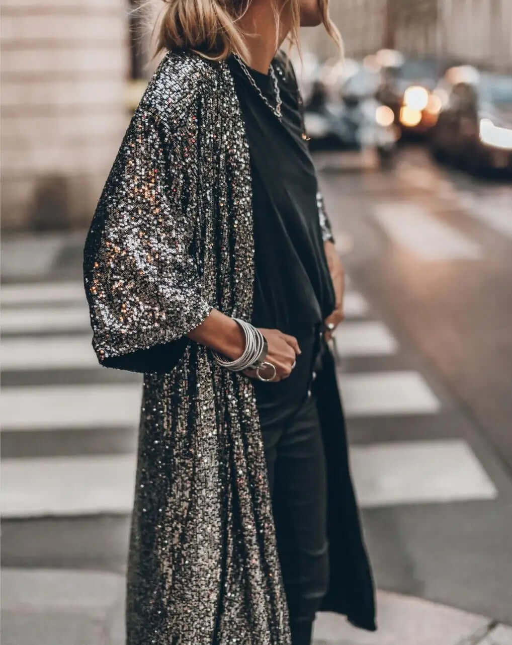 Lange kimono met lovertjes - Open voorkant - Lange mouwen - Glitter kimono - Glitter vest-Boutique Moda