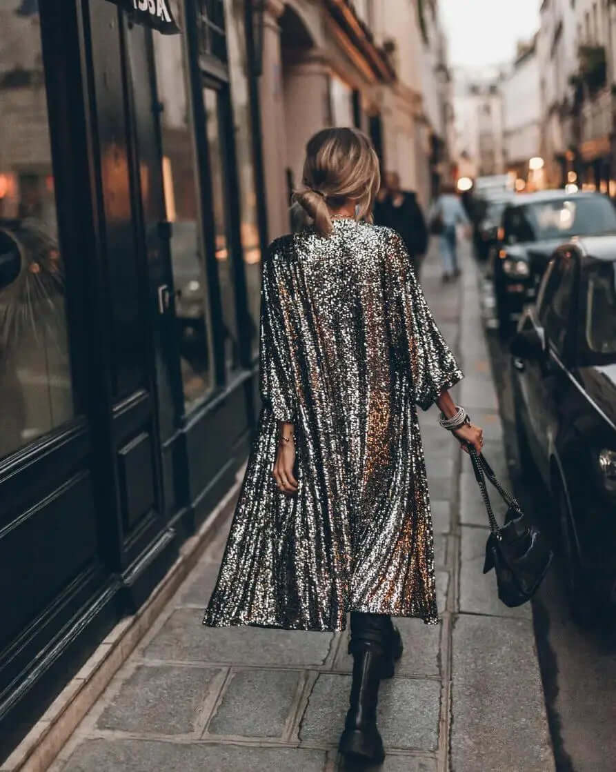 Lange kimono met lovertjes - Open voorkant - Lange mouwen - Glitter kimono - Glitter vest-Boutique Moda
