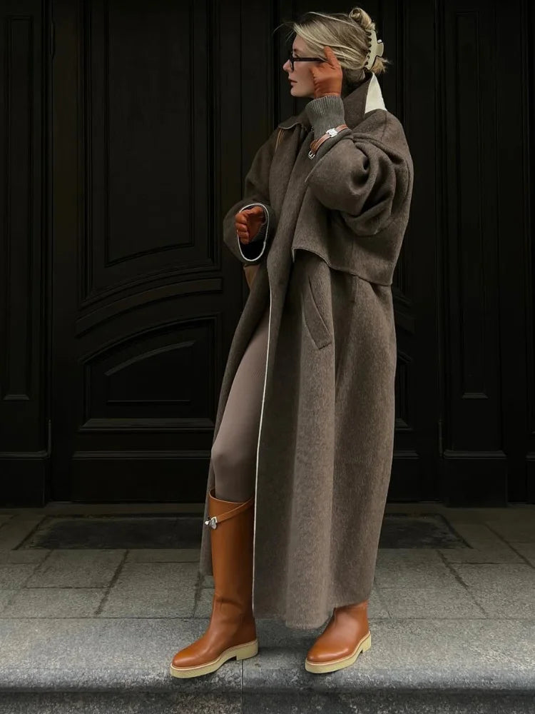 Lange wollen mantel - Bruin - Oversized - Trenchcoat Wol - Dames winterjassen & jacks-Boutique Moda