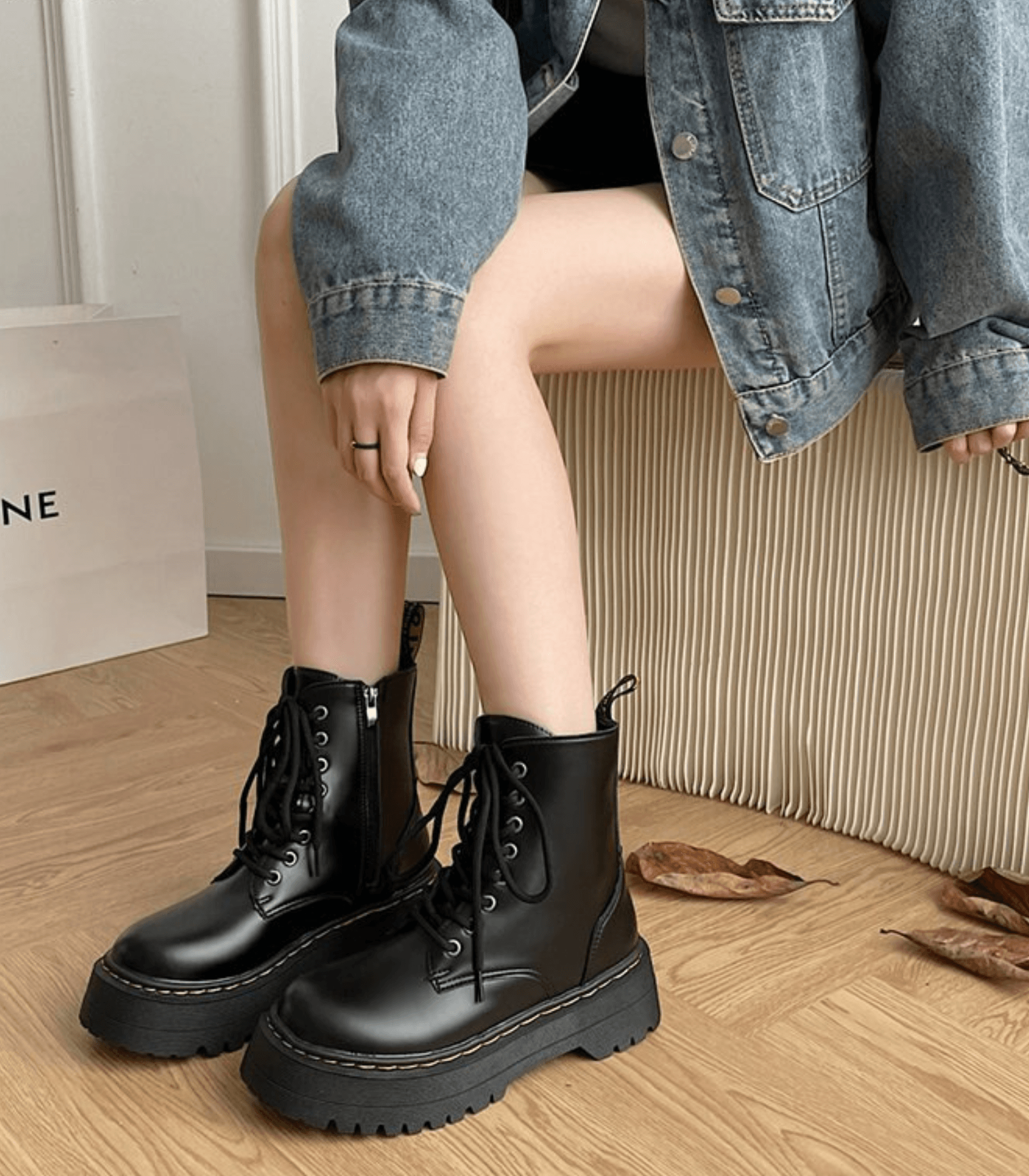 Leren Laarzen - Veterschoenen - Zwart - Chunky Laarzen - Dameslaarzen-Boutique Moda