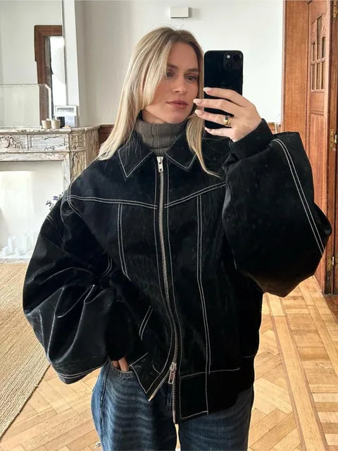 Leren jas - oversized - rits - bomberjack - dameskleding-Boutique Moda