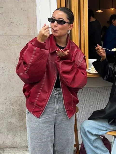 Leren jas - oversized - rits - bomberjack - dameskleding-Boutique Moda