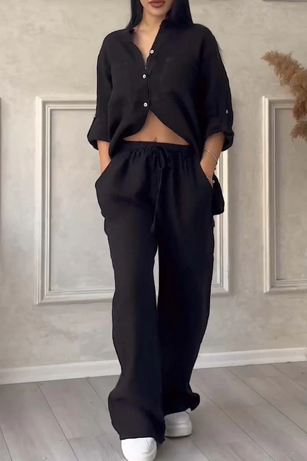 Linen Co-Ord Set | Button-Up | Wijde pijpen | Tweedelige set | Linnen shirt en broek dames-Boutique Moda