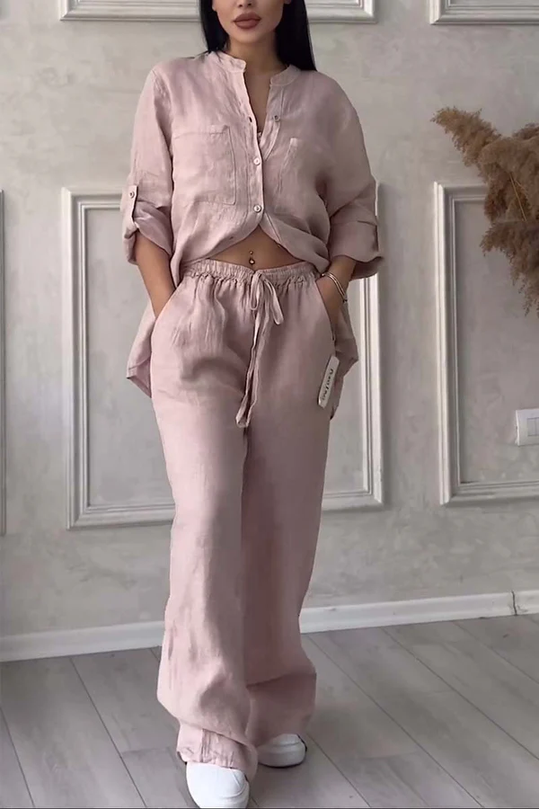Linen Co-Ord Set | Button-Up | Wijde pijpen | Tweedelige set | Linnen shirt en broek dames-Boutique Moda