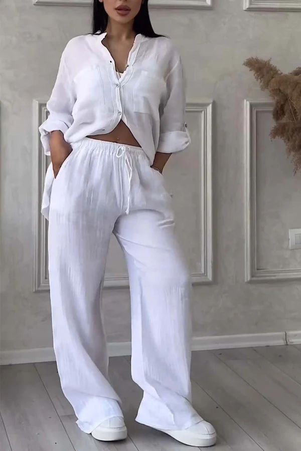 Linen Co-Ord Set | Button-Up | Wijde pijpen | Tweedelige set | Linnen shirt en broek dames-Boutique Moda