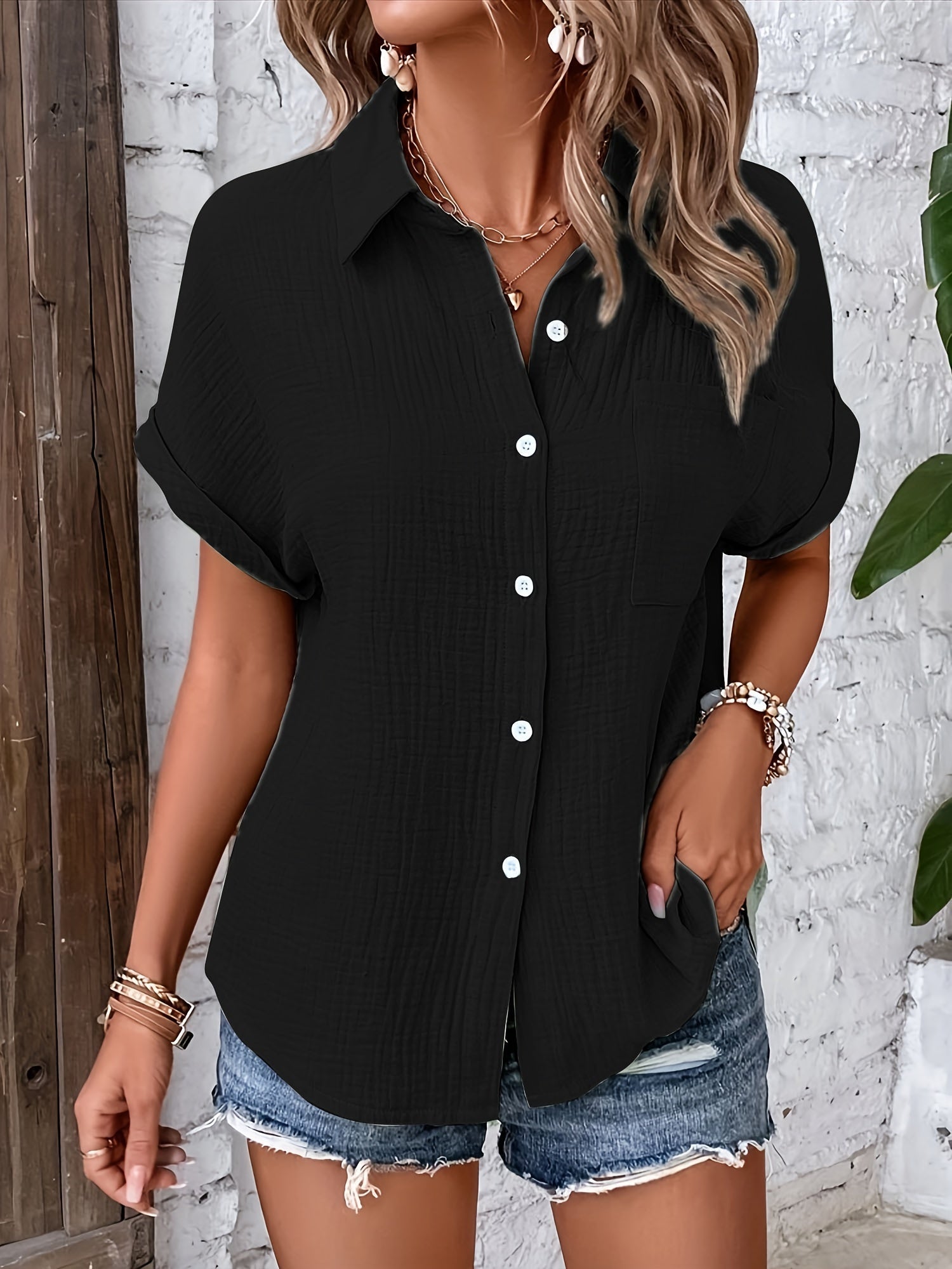Linnen Blouse - Korte Mouw - Losse Pasvorm - Knoopsluiting - Dameskleding-Boutique Moda
