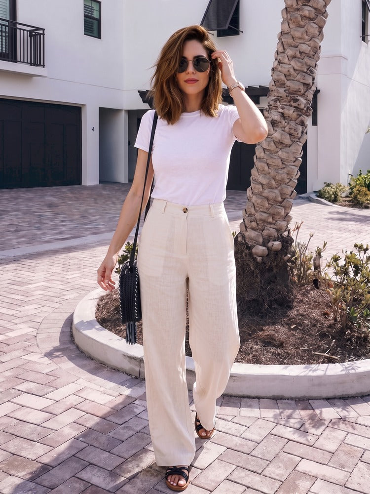 Linnen Broek Dames – Wijde Zomerbroek met Hoge Taille en Zakken-Boutique Moda