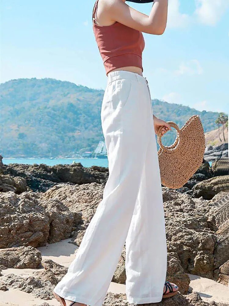 Linnen Broek Dames – Wijde Zomerbroek met Hoge Taille en Zakken-Boutique Moda
